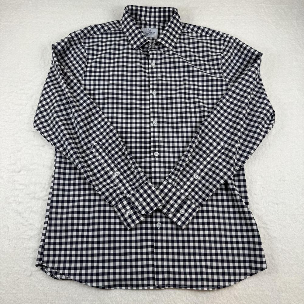 Mizzen+Main Dress Shirt Mens Size L Blue Gingham Button Up Trim Fit Stretch USA